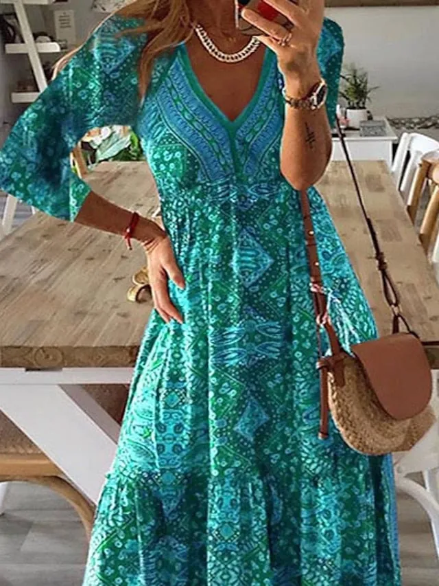 A Line Dress Maxi long Dress Red 3/4 Length Sleeve Print Summer Spring Fall  V Neck Casual  3XL for Women