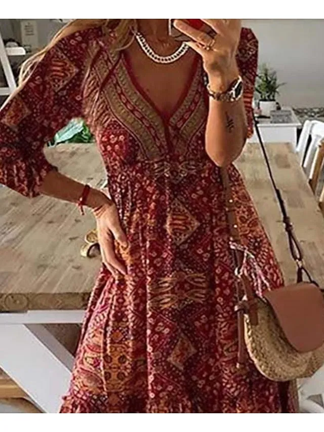 A Line Dress Maxi long Dress Red 3/4 Length Sleeve Print Summer Spring Fall  V Neck Casual  3XL for Women