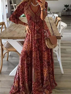 A Line Dress Maxi long Dress Red 3/4 Length Sleeve Print Summer Spring Fall  V Neck Casual  3XL for Women