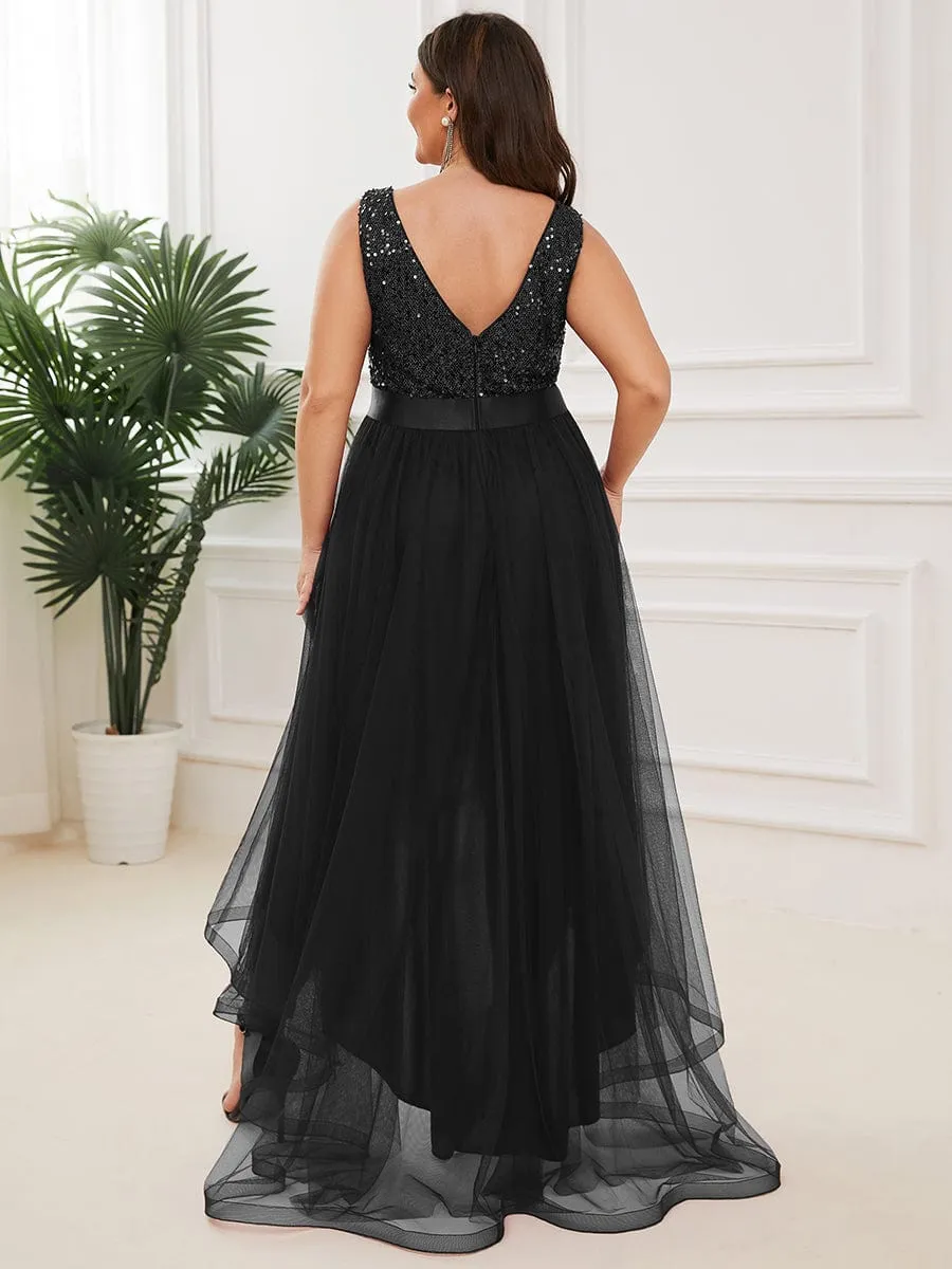 Abia | Sequin Bodice Tulle High-Low Evening Dress with Ribbon Waist