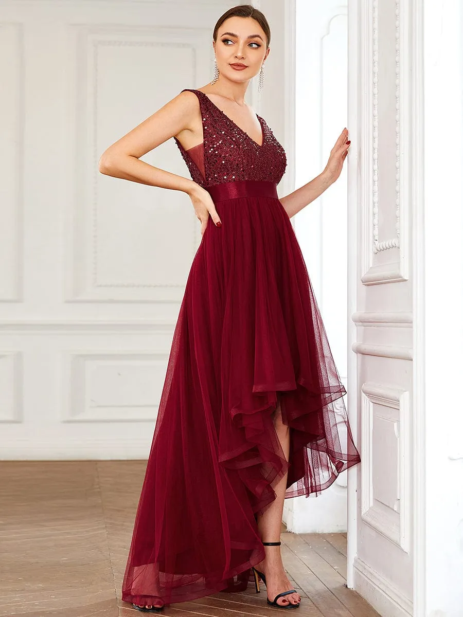 Abia | Sequin Bodice Tulle High-Low Evening Dress with Ribbon Waist