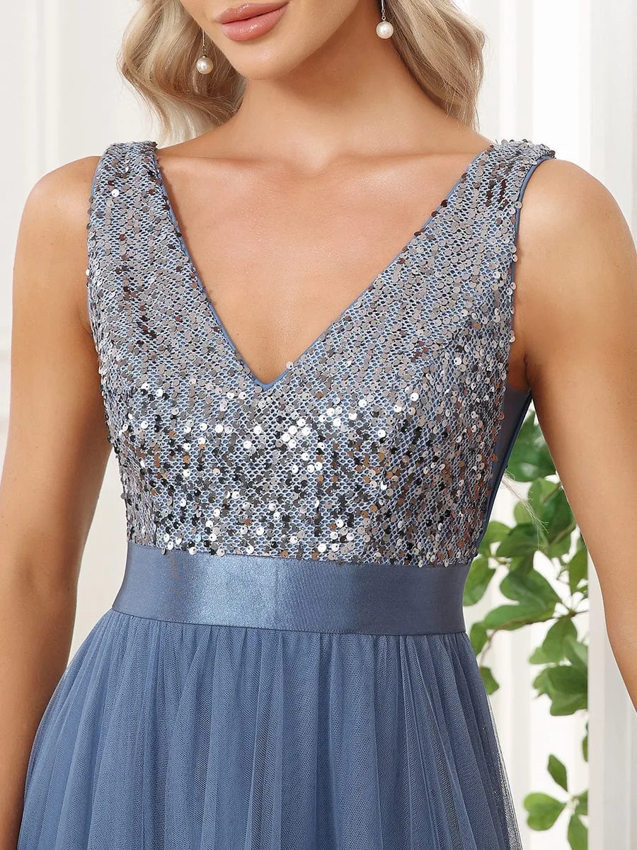 Abia | Sequin Bodice Tulle High-Low Evening Dress with Ribbon Waist