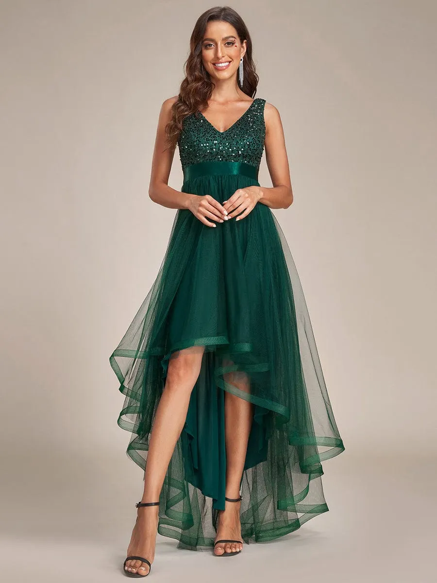 Abia | Sequin Bodice Tulle High-Low Evening Dress with Ribbon Waist