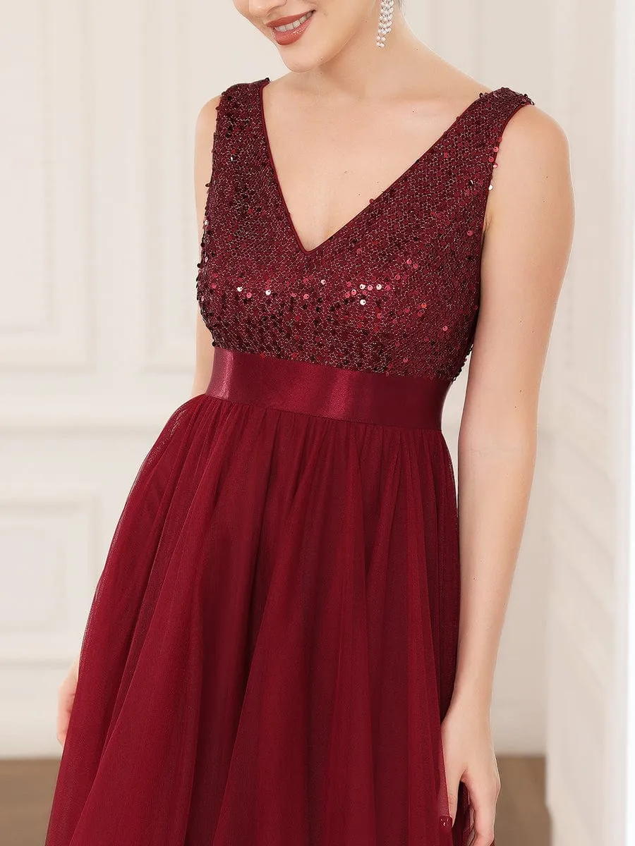 Abia | Sequin Bodice Tulle High-Low Evening Dress with Ribbon Waist