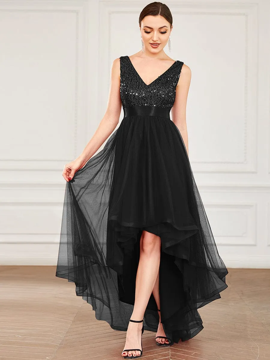 Abia | Sequin Bodice Tulle High-Low Evening Dress with Ribbon Waist