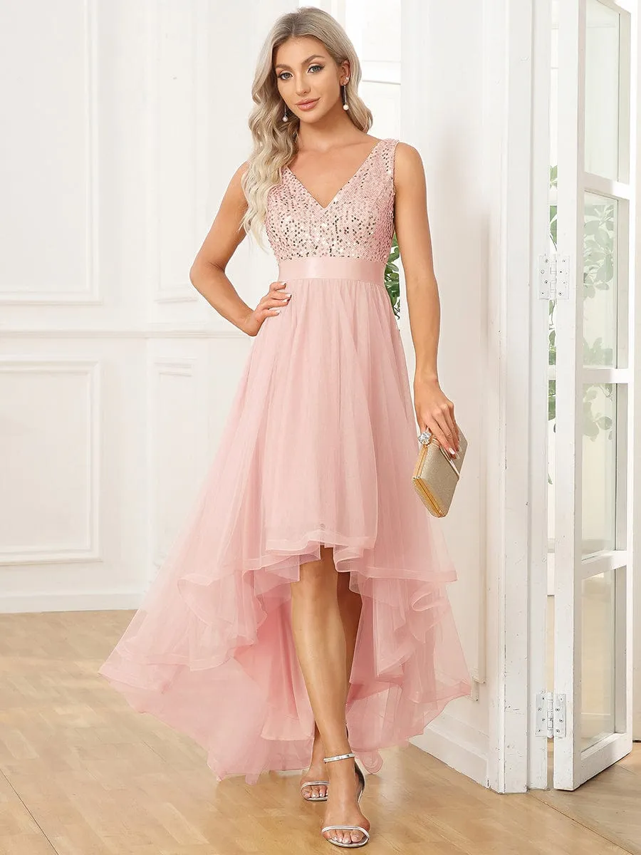 Abia | Sequin Bodice Tulle High-Low Evening Dress with Ribbon Waist