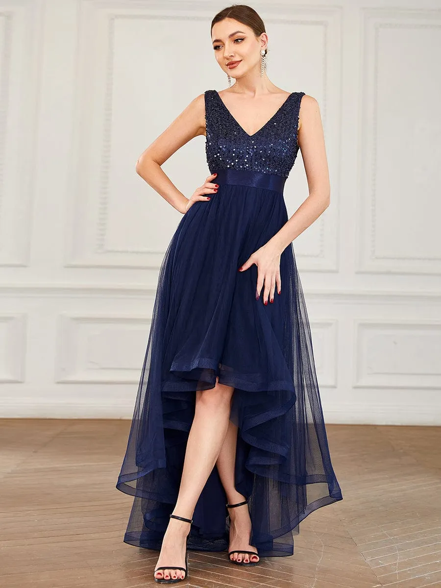 Abia | Sequin Bodice Tulle High-Low Evening Dress with Ribbon Waist