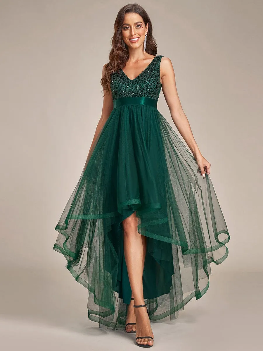 Abia | Sequin Bodice Tulle High-Low Evening Dress with Ribbon Waist