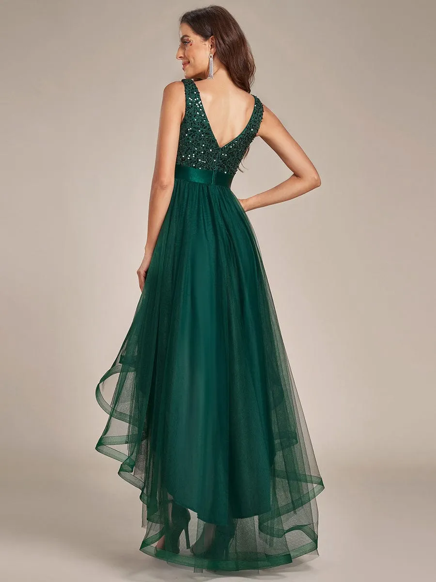 Abia | Sequin Bodice Tulle High-Low Evening Dress with Ribbon Waist