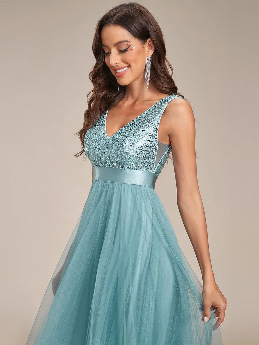 Abia | Sequin Bodice Tulle High-Low Evening Dress with Ribbon Waist