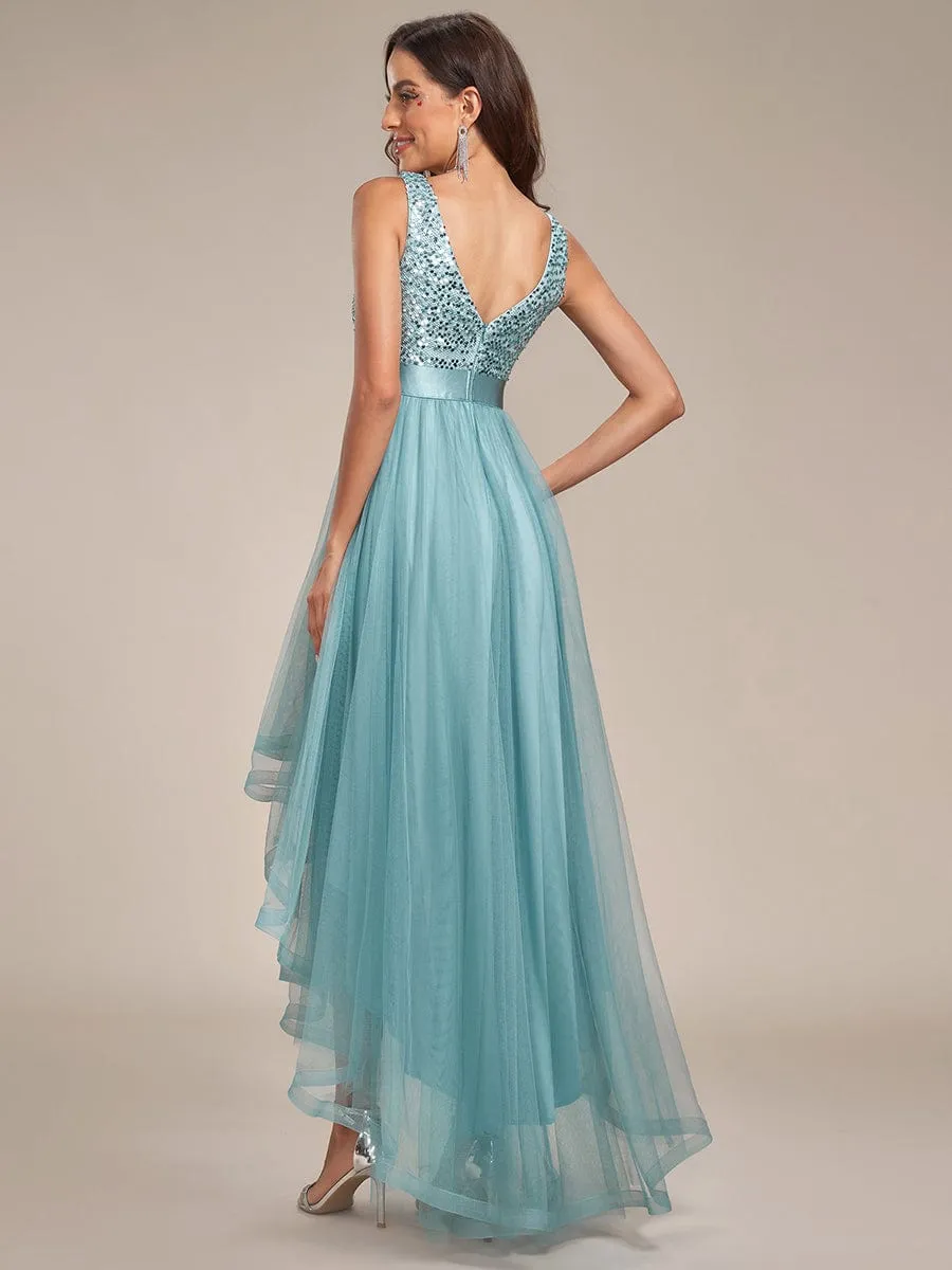 Abia | Sequin Bodice Tulle High-Low Evening Dress with Ribbon Waist