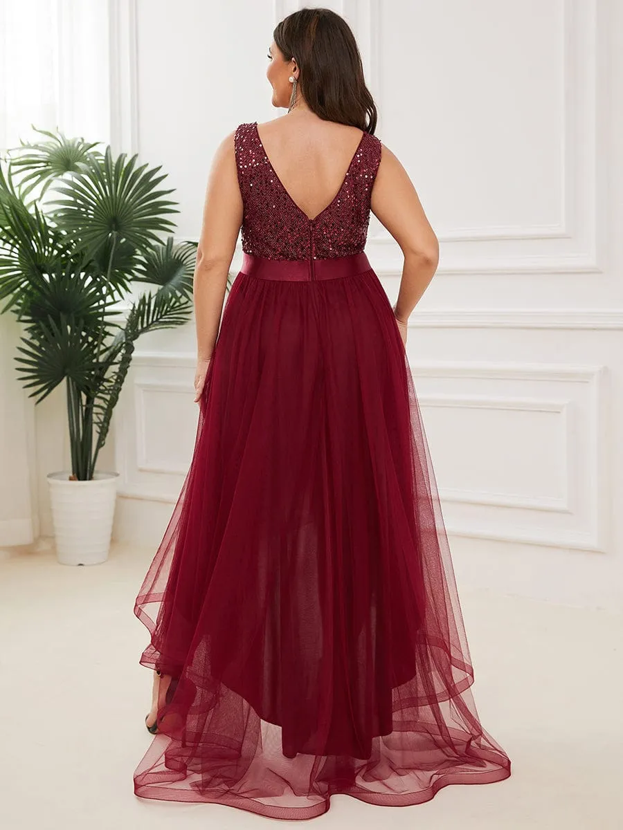 Abia | Sequin Bodice Tulle High-Low Evening Dress with Ribbon Waist