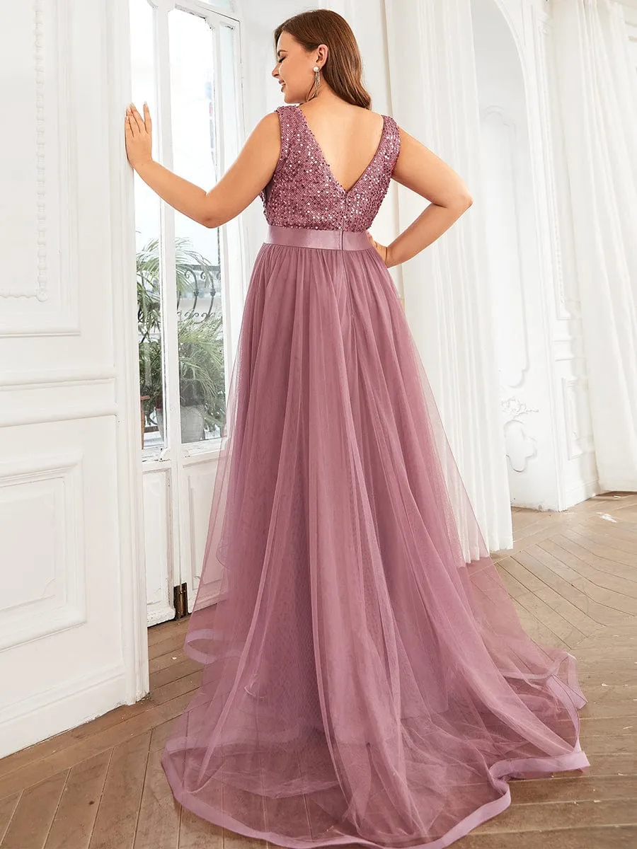 Abia | Sequin Bodice Tulle High-Low Evening Dress with Ribbon Waist