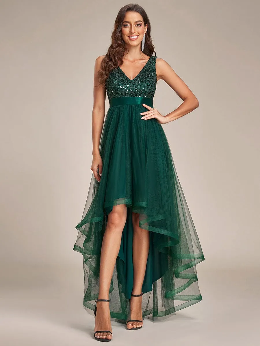 Abia | Sequin Bodice Tulle High-Low Evening Dress with Ribbon Waist