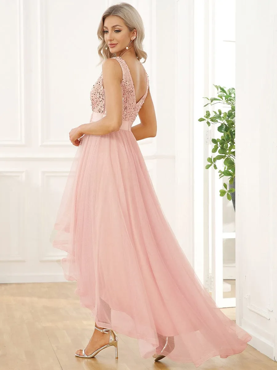 Abia | Sequin Bodice Tulle High-Low Evening Dress with Ribbon Waist