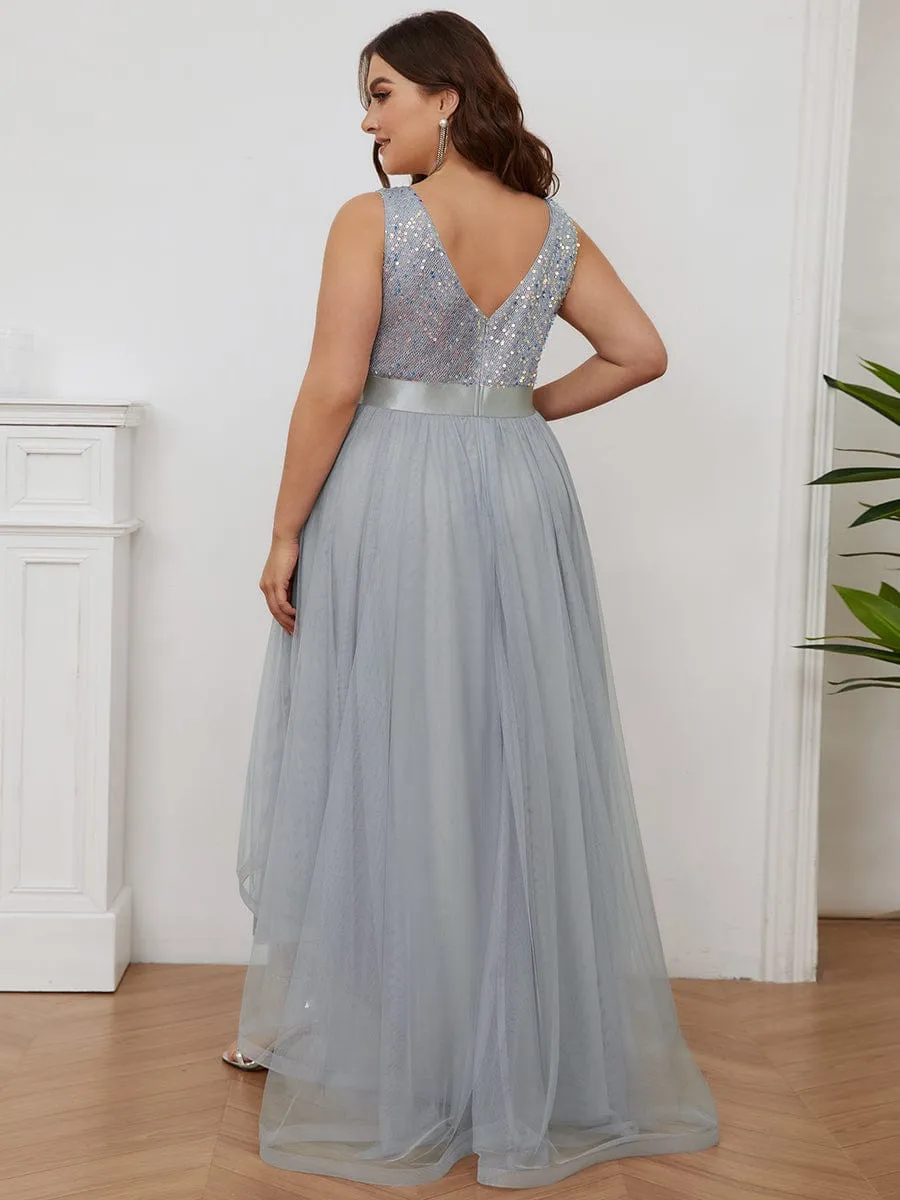 Abia | Sequin Bodice Tulle High-Low Evening Dress with Ribbon Waist