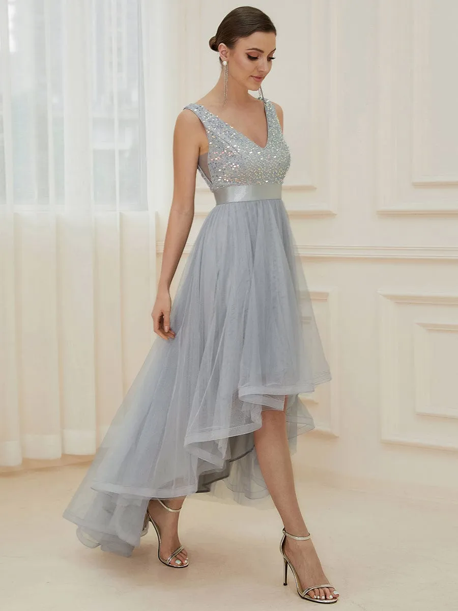 Abia | Sequin Bodice Tulle High-Low Evening Dress with Ribbon Waist