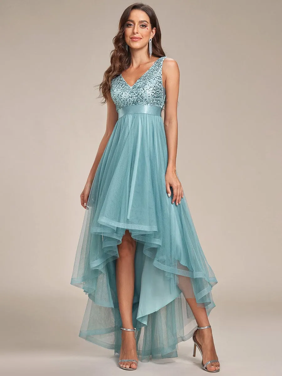 Abia | Sequin Bodice Tulle High-Low Evening Dress with Ribbon Waist