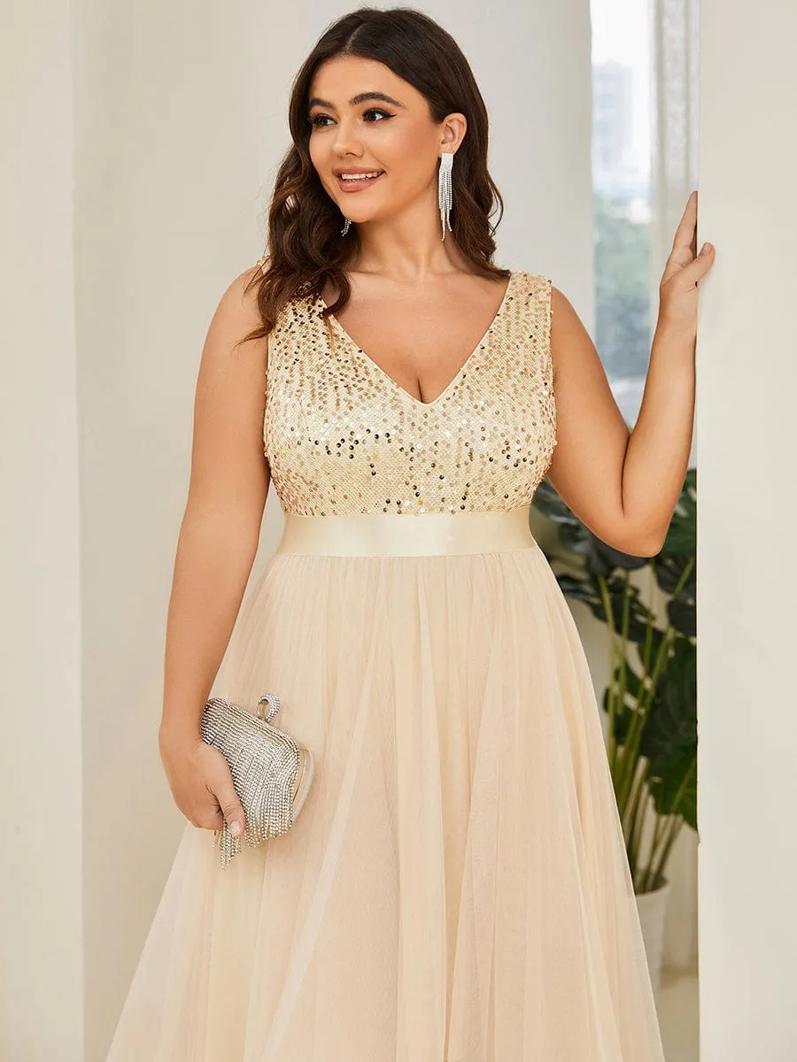 Abia | Sequin Bodice Tulle High-Low Evening Dress with Ribbon Waist