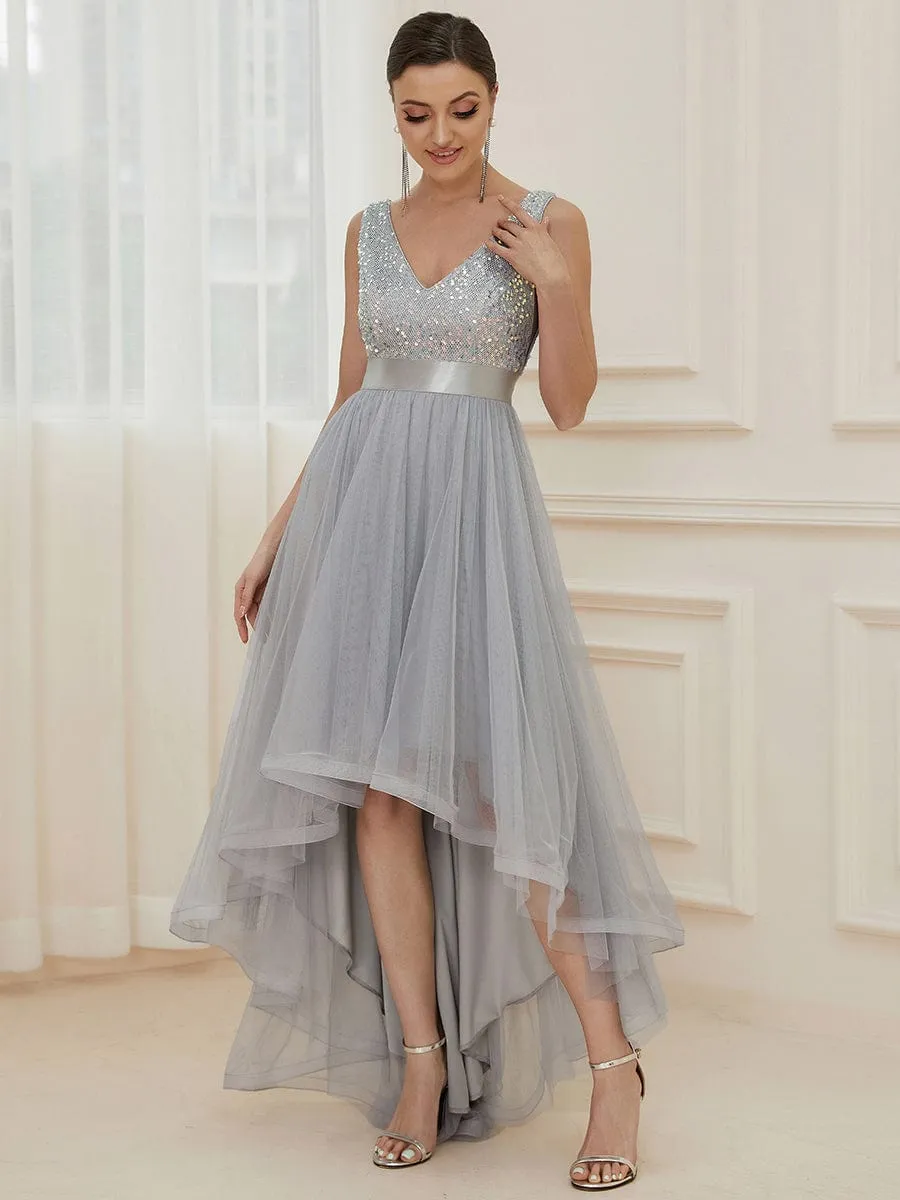 Abia | Sequin Bodice Tulle High-Low Evening Dress with Ribbon Waist