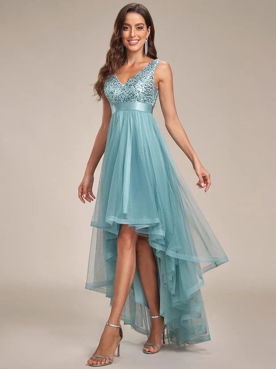 Abia | Sequin Bodice Tulle High-Low Evening Dress with Ribbon Waist