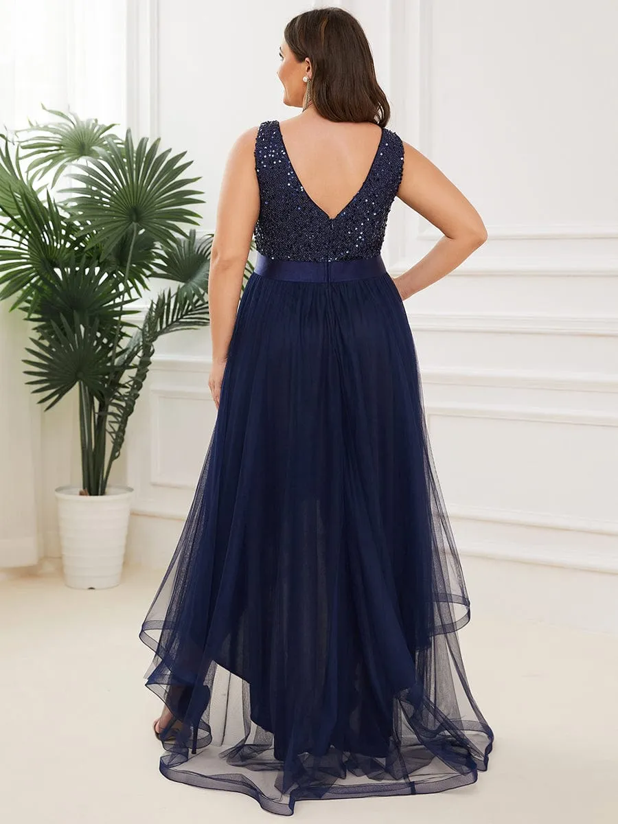 Abia | Sequin Bodice Tulle High-Low Evening Dress with Ribbon Waist