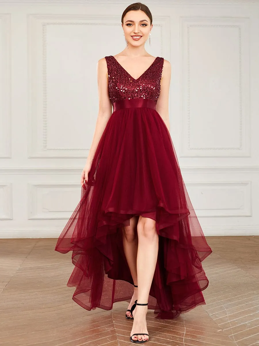 Abia | Sequin Bodice Tulle High-Low Evening Dress with Ribbon Waist