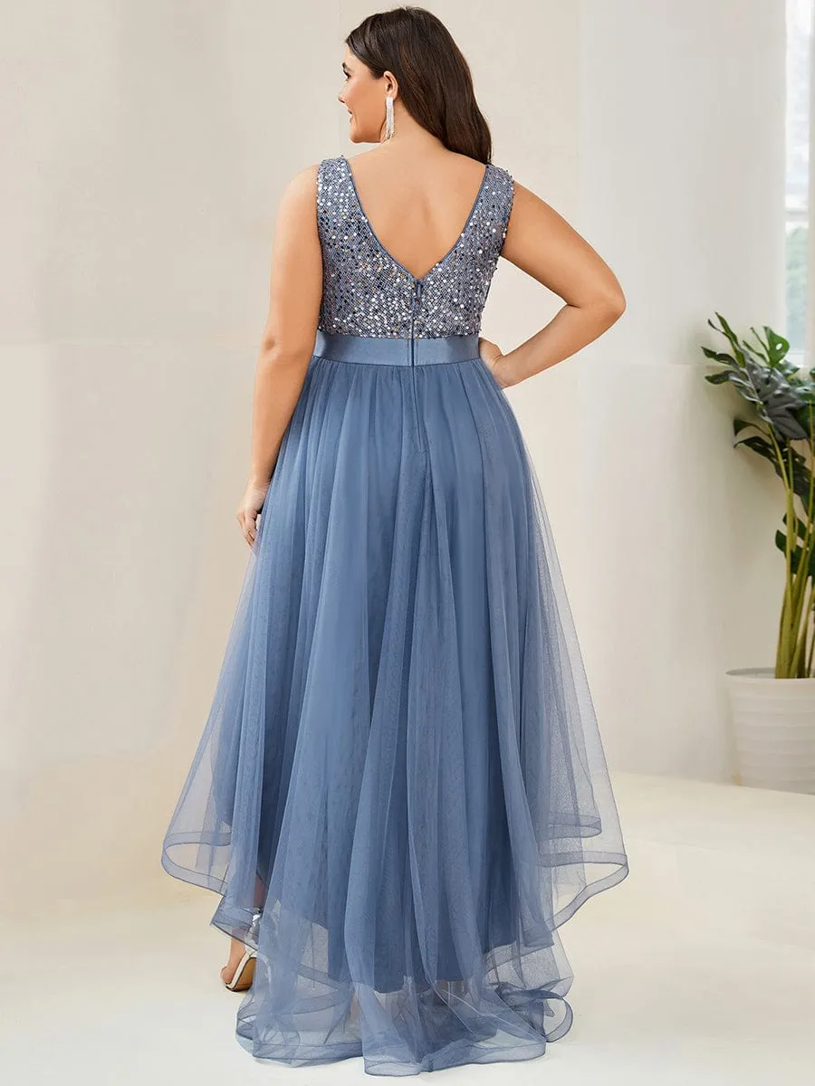 Abia | Sequin Bodice Tulle High-Low Evening Dress with Ribbon Waist