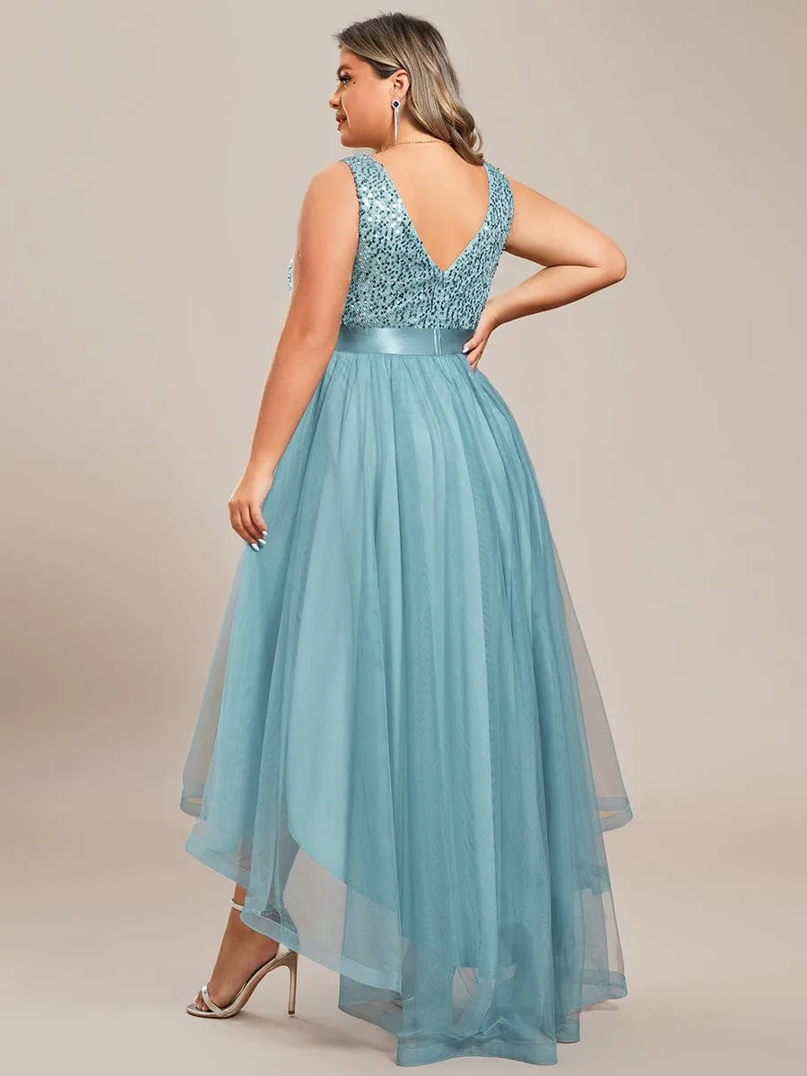 Abia | Sequin Bodice Tulle High-Low Evening Dress with Ribbon Waist