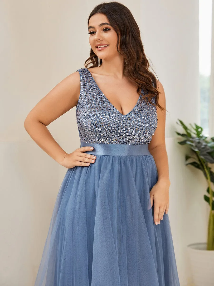 Abia | Sequin Bodice Tulle High-Low Evening Dress with Ribbon Waist