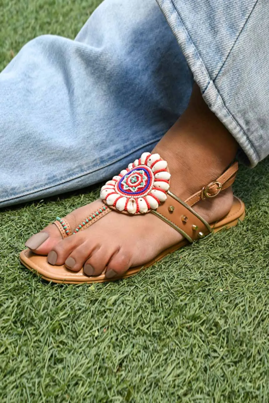 Beige Boho Kaudi Embellished Kolhapuri Flats