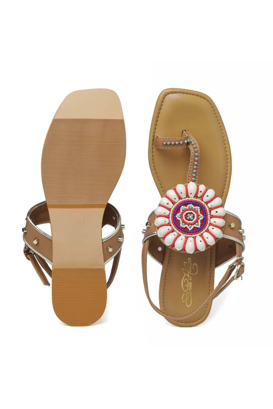 Beige Boho Kaudi Embellished Kolhapuri Flats