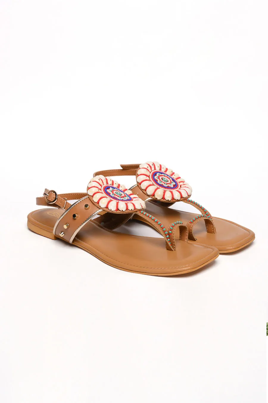 Beige Boho Kaudi Embellished Kolhapuri Flats