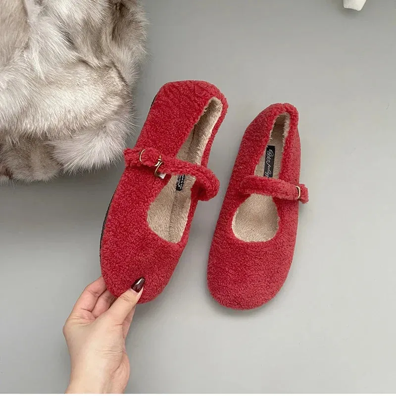 binfenxie  Spring Autumn Women Fur Shoes Fashion Shallow Buckle Ladies Flats Round Toe Women's Comfort Keep Warm Street Shoes