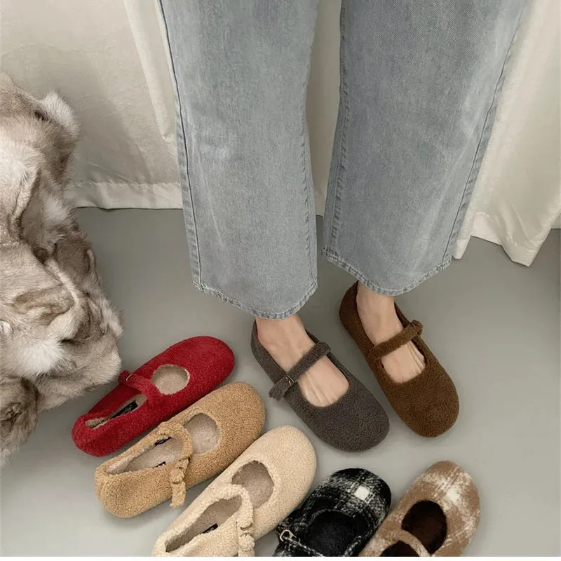 binfenxie  Spring Autumn Women Fur Shoes Fashion Shallow Buckle Ladies Flats Round Toe Women's Comfort Keep Warm Street Shoes