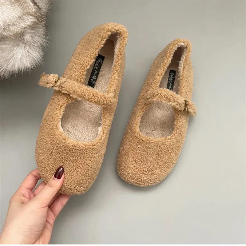 binfenxie  Spring Autumn Women Fur Shoes Fashion Shallow Buckle Ladies Flats Round Toe Women's Comfort Keep Warm Street Shoes