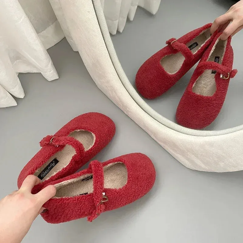 binfenxie  Spring Autumn Women Fur Shoes Fashion Shallow Buckle Ladies Flats Round Toe Women's Comfort Keep Warm Street Shoes