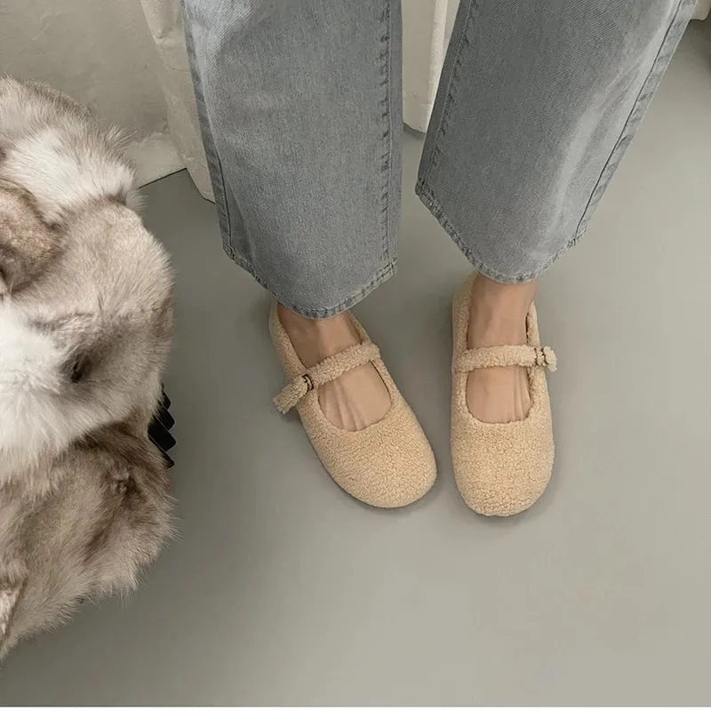 binfenxie  Spring Autumn Women Fur Shoes Fashion Shallow Buckle Ladies Flats Round Toe Women's Comfort Keep Warm Street Shoes