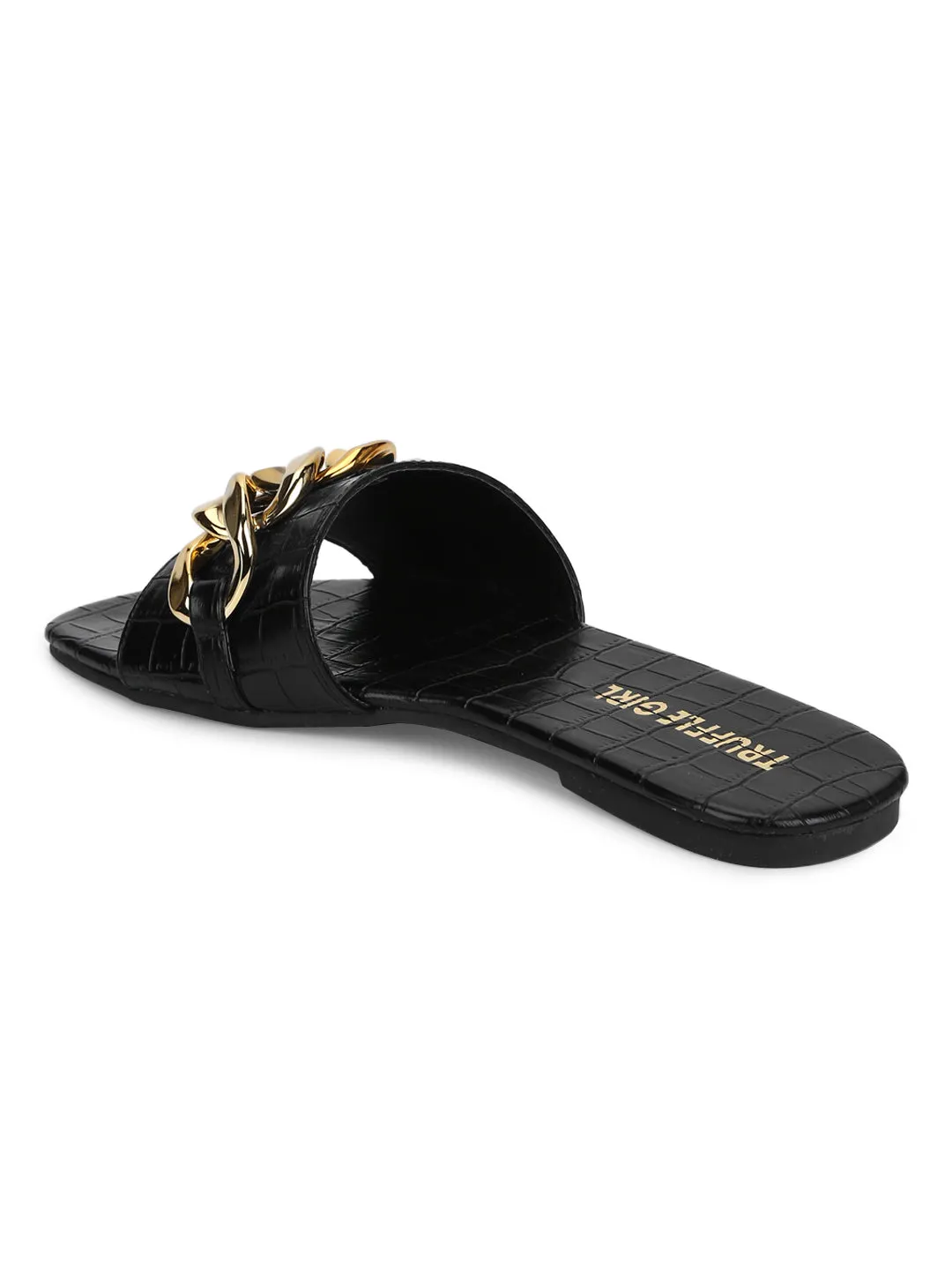 Black Croc PU Gold Chain Slides