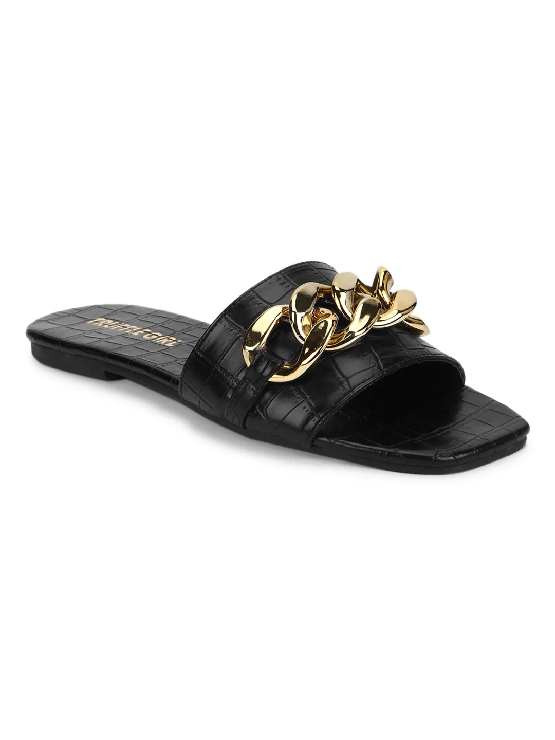 Black Croc PU Gold Chain Slides