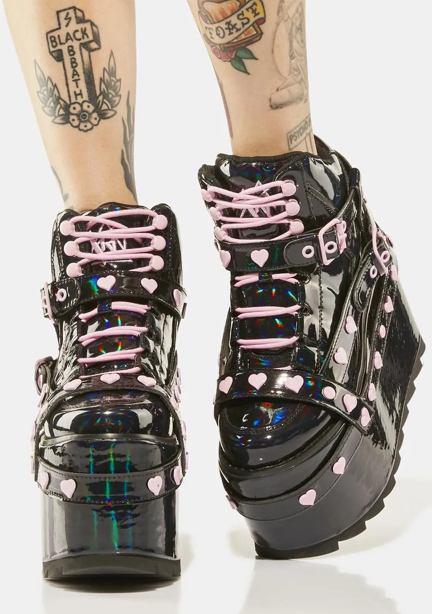 Black Holographic Qozmo Bondage Heart Platform Sneakers