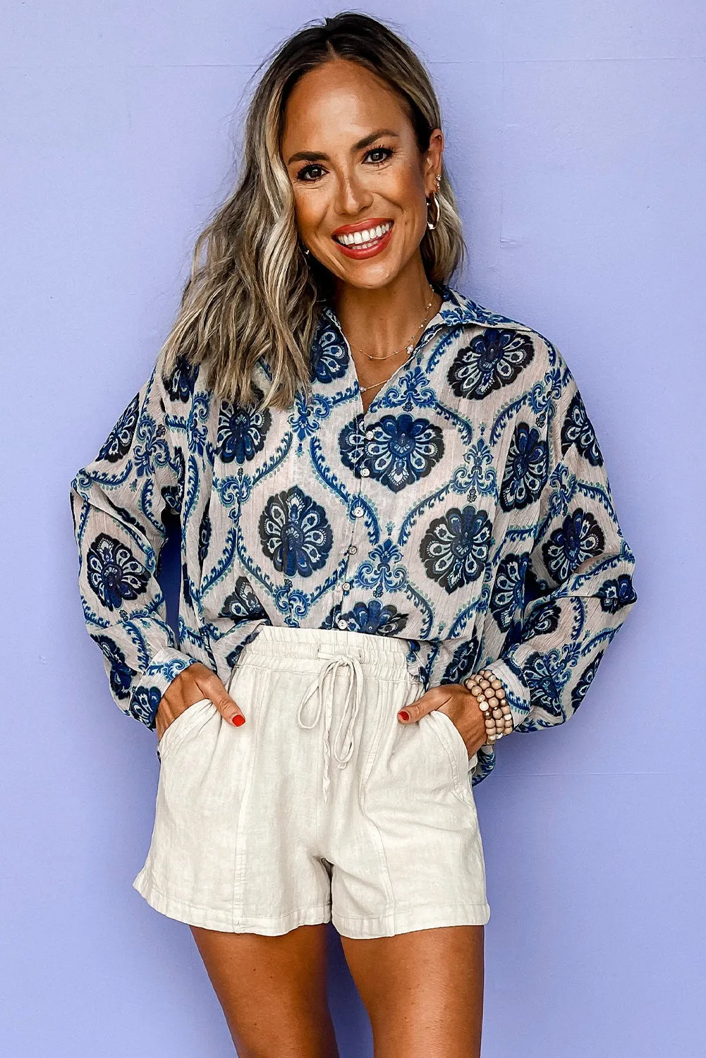 Blue Tribal Pattern Buttoned Front Loose Shirt