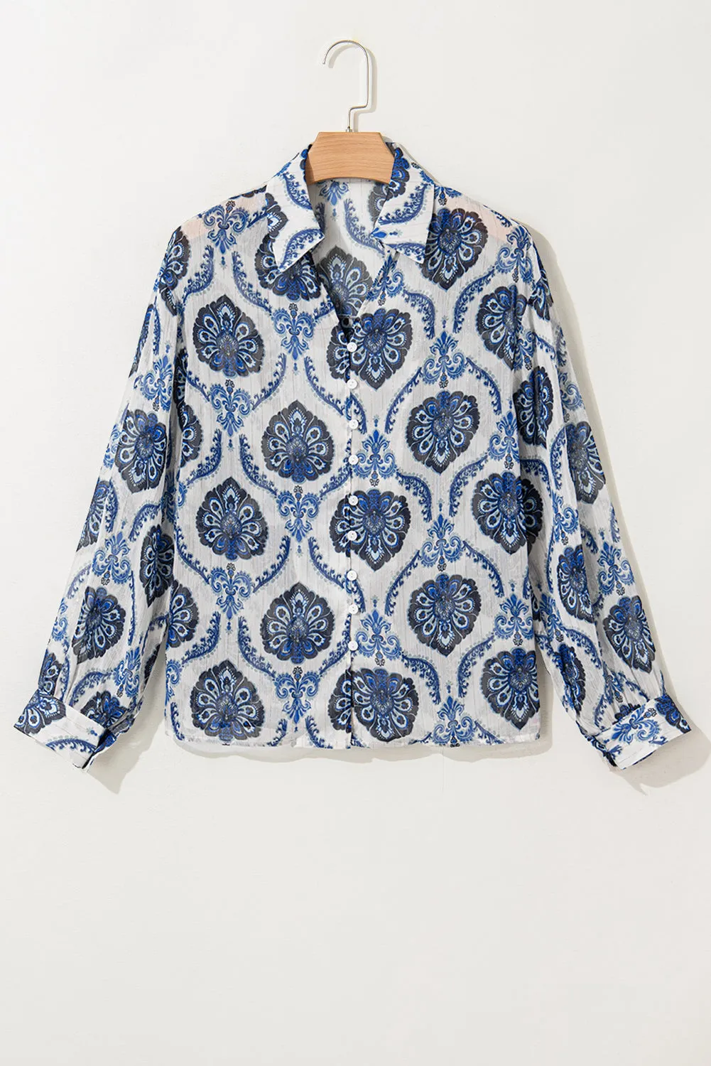 Blue Tribal Pattern Buttoned Front Loose Shirt