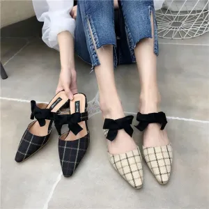 Bowknot Mid heeled Point Toe Denim Sandals