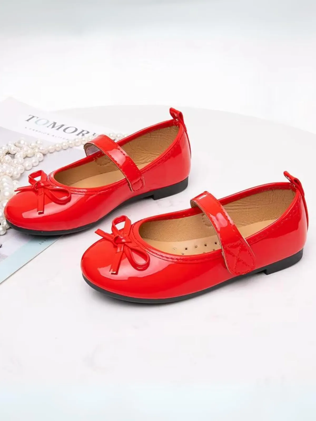 Cherry Red Patent Bow Mary Jane Flats Shoes By Liv and Mia