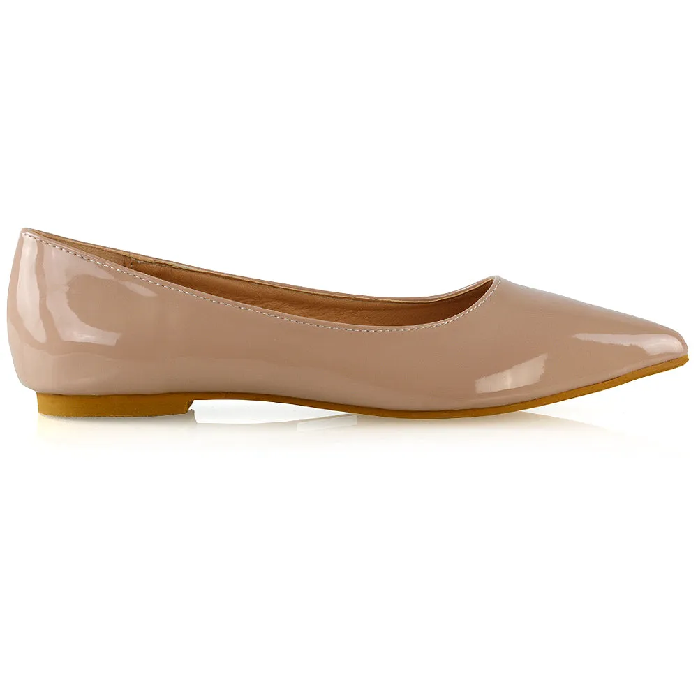 Cordelia Slip on Pointed Toe Flat Ballerina Pump Shoes In Nude Patent