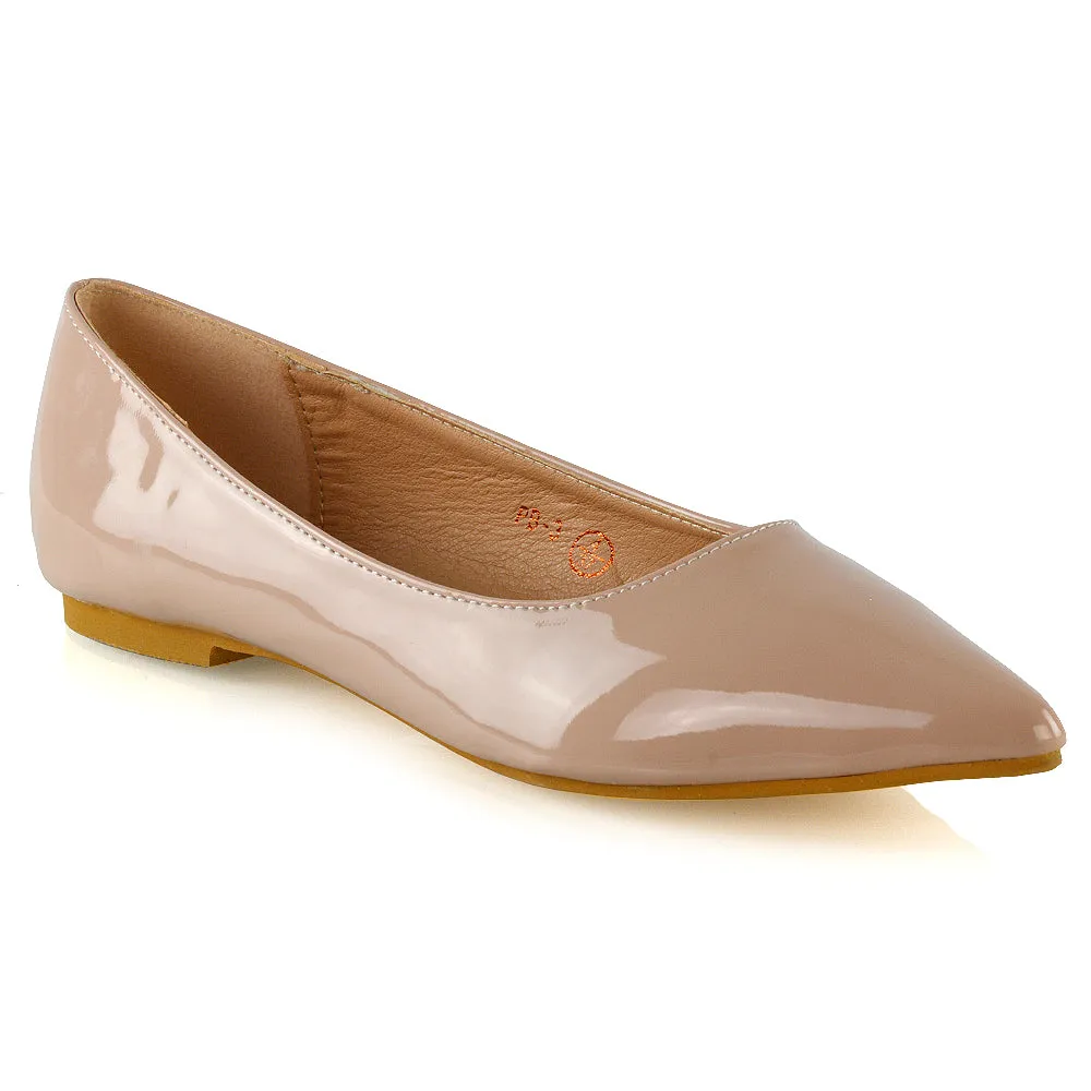 Cordelia Slip on Pointed Toe Flat Ballerina Pump Shoes In Nude Patent