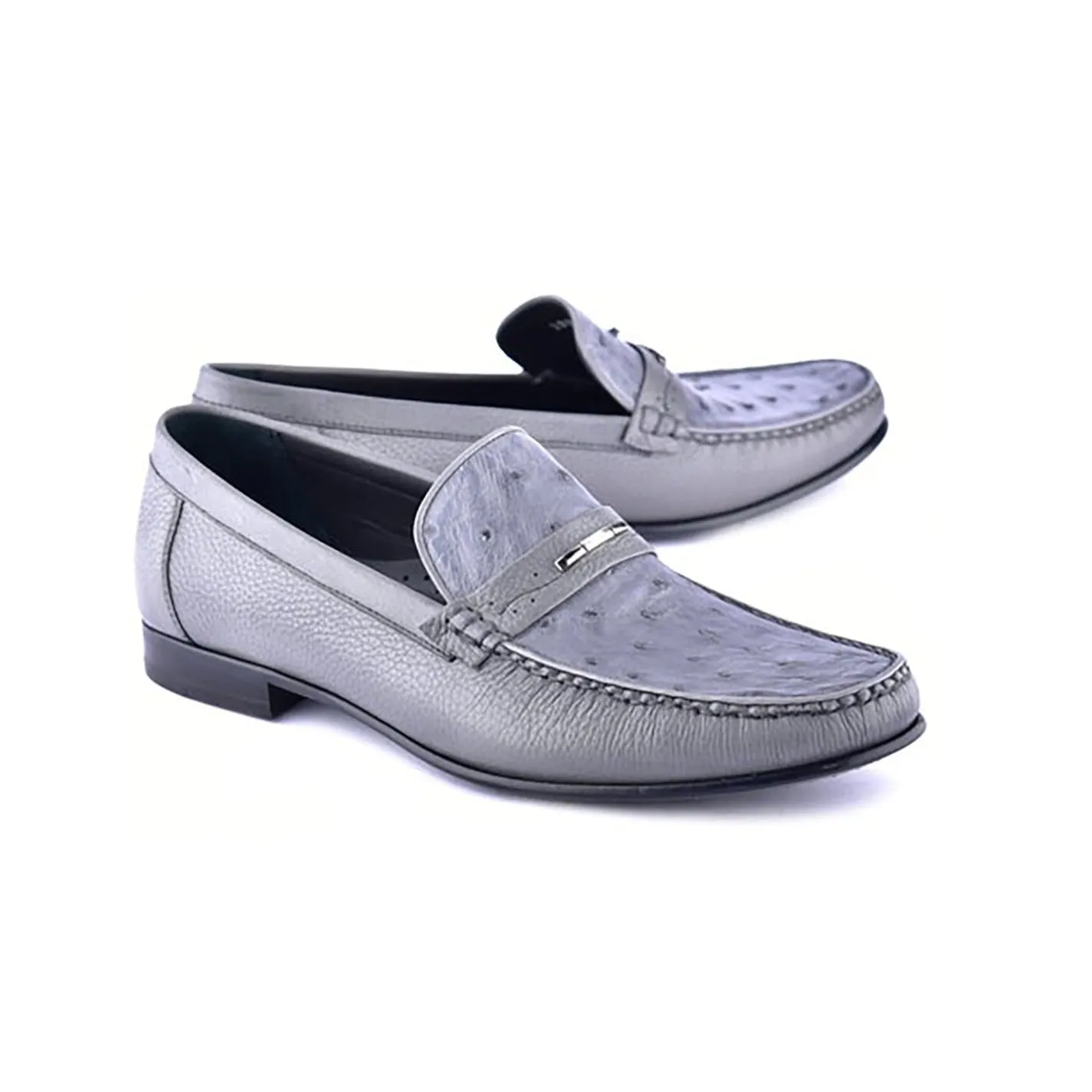 Corrente C0014051-3898Ost Men's Shoes Gray Exotic Ostrich / Deer-Skin Moccasin Loafers (CRT1472)