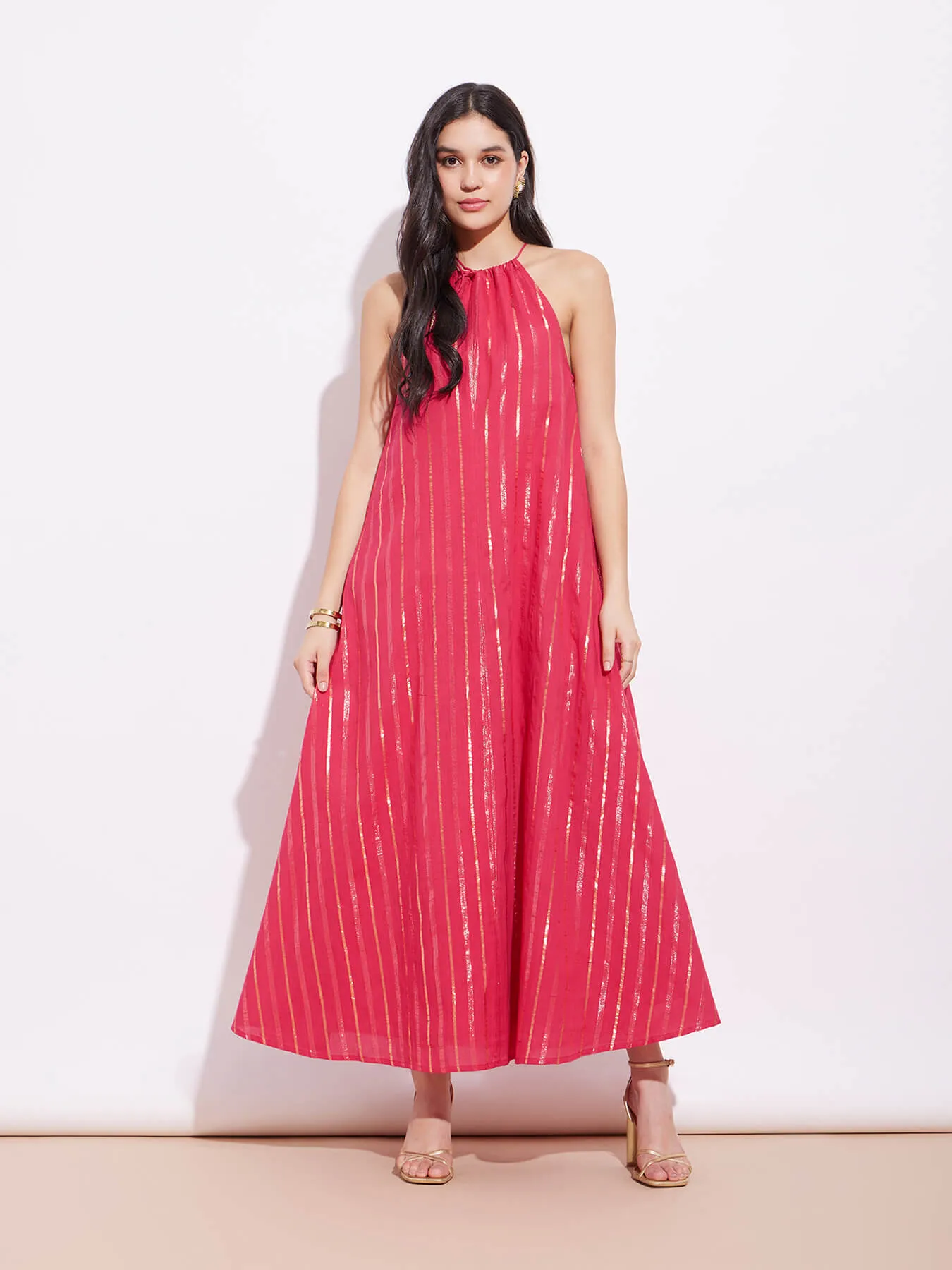 Cotton Lurex Gold Striped Halterneck Dress - Red