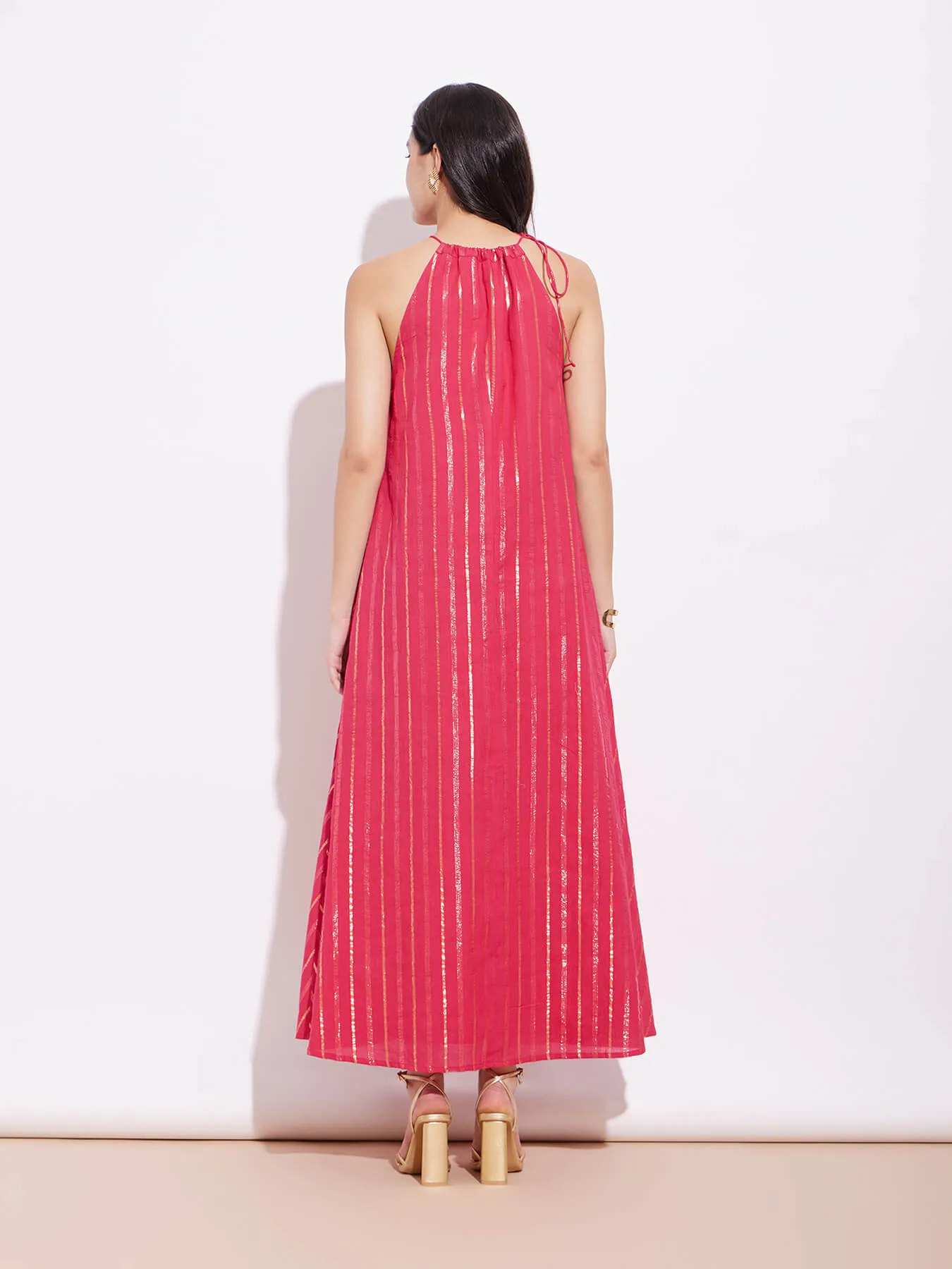 Cotton Lurex Gold Striped Halterneck Dress - Red